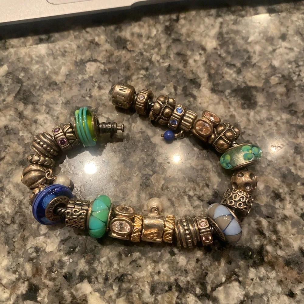 Pandora Moments Silver Bracelet with Blue green murano glass Charms - Picture 4 of 11